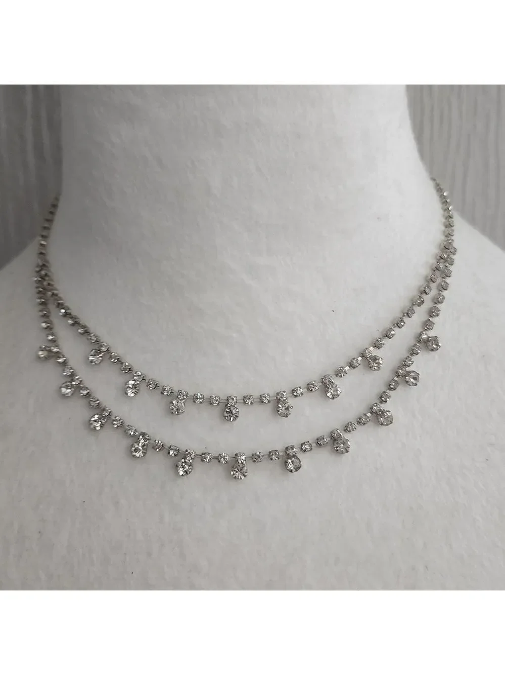 Silvertone Double Layer Necklace Rhinestones